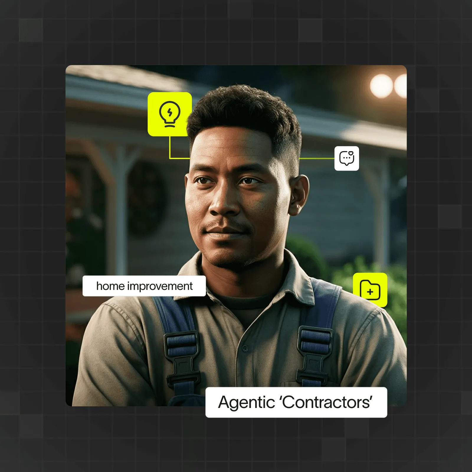 Portrait of AI-generated contractor with icons for ideas, tools, and communication
